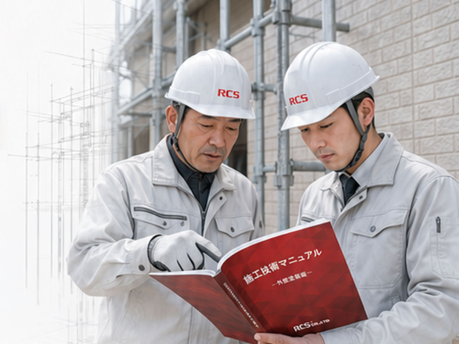 施工技術マニュアルを確認する先輩職人と若手職人
